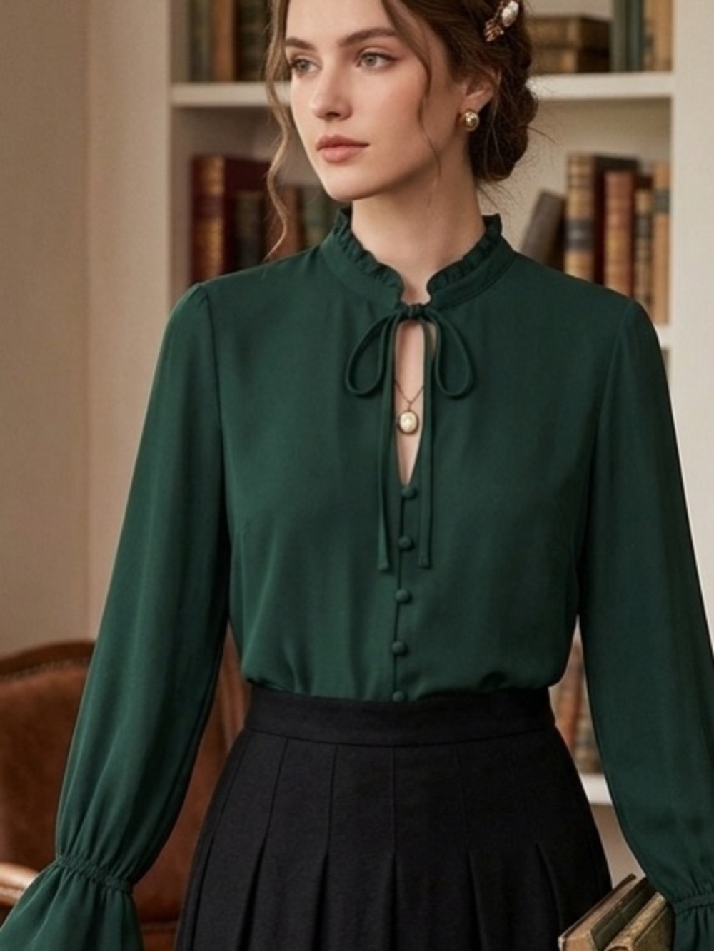 Mango Green Blouse with Mandarin Collar and Tie Front